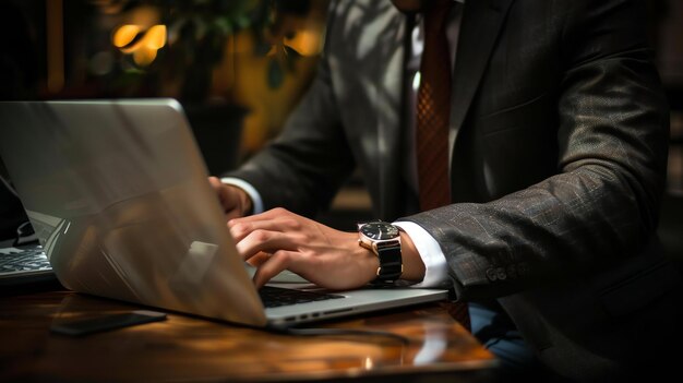 Zekerzinnige zakenman die aan een laptop werkt in een zwak verlichte kantoor