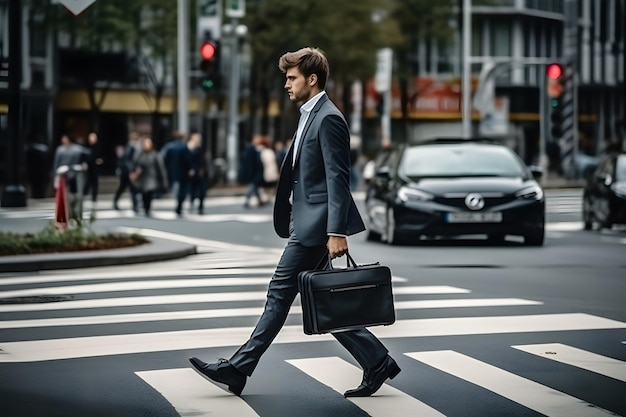 Zekerzinnige zakenman die de weg oversteekt met een koffer in de hand