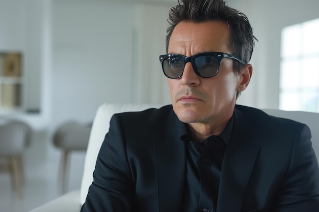 Zekerzinnige zakenman in zwart pak en bril