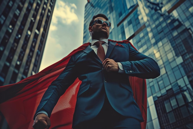 Foto zekerzinnige zakenman met superheld cape in laaghoek tegen de skyline van de stad