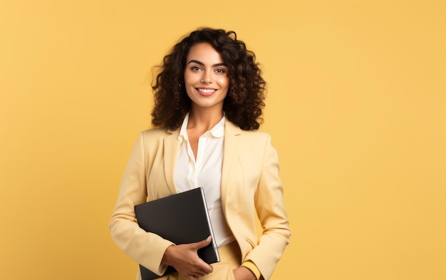 Zekerzinnige zakenvrouw met een briefje op gele achtergrond