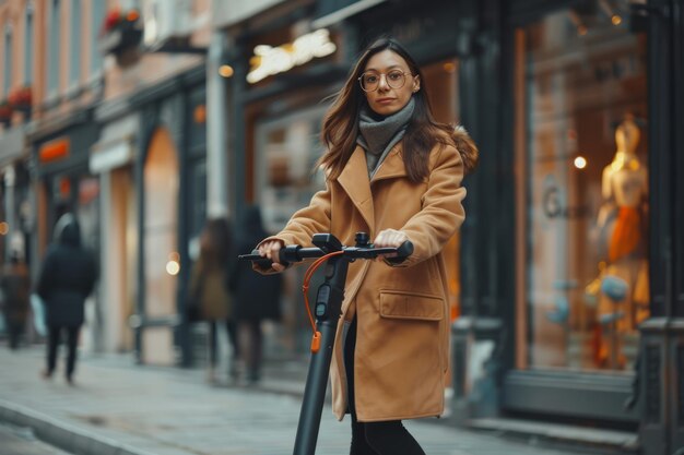 Zekerzinnige zakenvrouw rijdt op een elektrische scooter op straat in de stad.