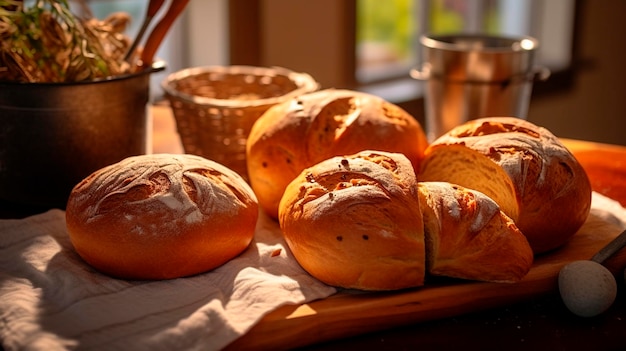 Zelfgebakken brood op keukentafel Vers ontbijt bakkerij voedsel Generatieve AI