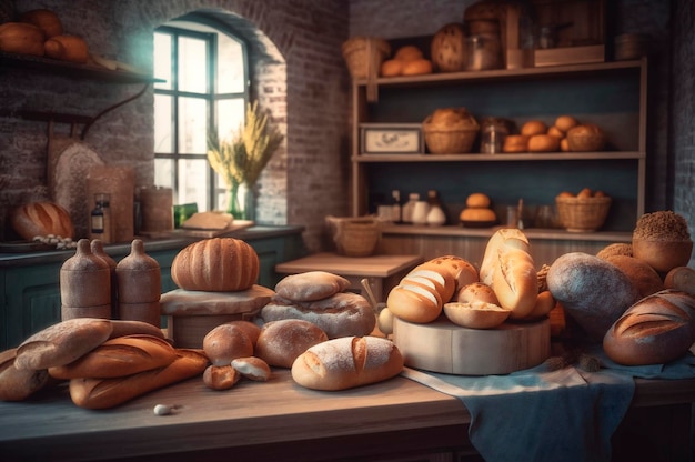 Zelfgemaakt biologisch en gezond volkoren meergranenbrood op een houten tafel AI gegenereerd