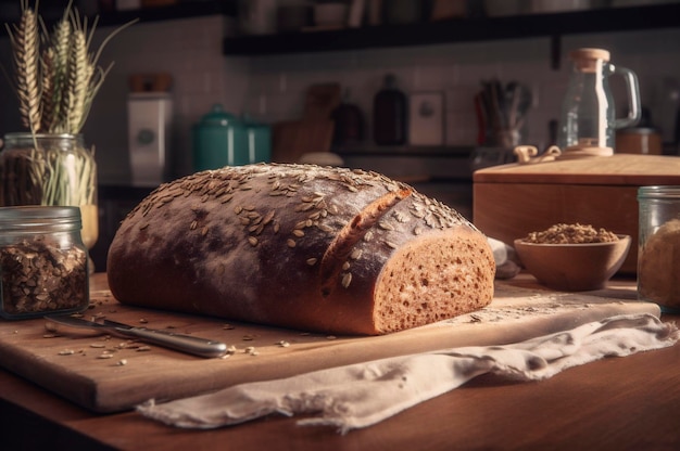 Zelfgemaakt biologisch en gezond volkoren meergranenbrood op een houten tafel AI gegenereerd