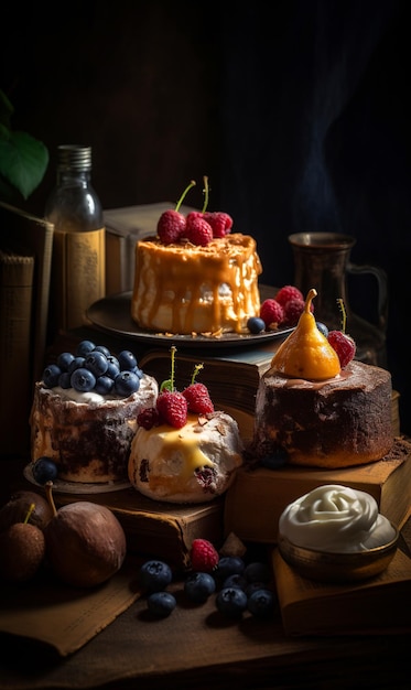 Zelfgemaakt gebak met fruit en bessen Verscheidenheid aan desserts in het rustieke interieur Generatieve AI