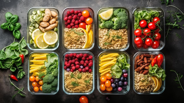 Zelfgemaakt veganistisch eten in lunchboxen met gezonde groenten