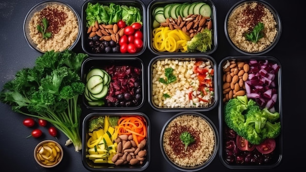 Zelfgemaakt veganistisch eten in lunchboxen met gezonde groenten