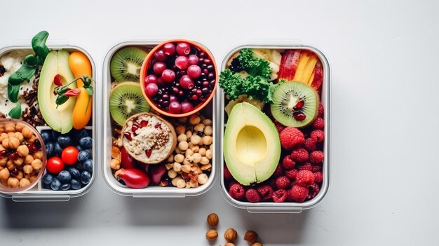 Zelfgemaakt veganistisch eten in lunchboxen met gezonde groenten