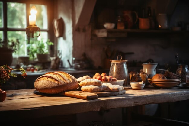 zelfgemaakt vers en groot brood en ingrediënten in gezellige rustieke keuken voedsel samenstelling