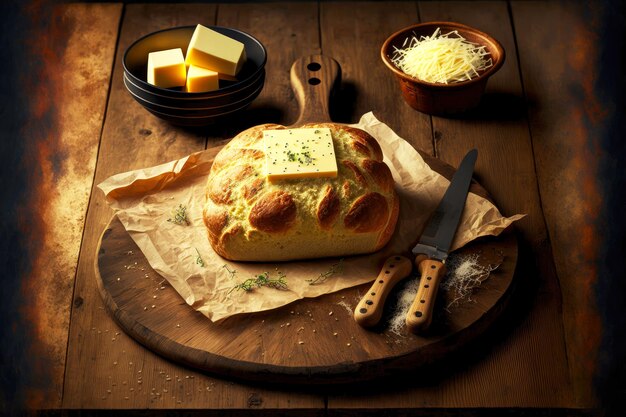 Zelfgemaakt warm brood met boter en kaas op houten tafel