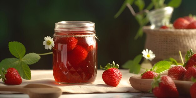 Zelfgemaakte aardbeienconserven of jam in een glazen pot omringd door verse aardbeien AI gegenereerd