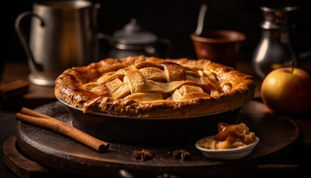 Zelfgemaakte appeltaart op rustieke houten tafel gegenereerd door AI