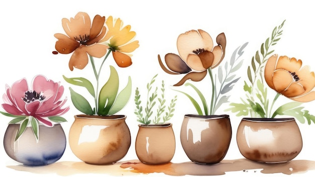 zelfgemaakte bloemen in potten op een witte achtergrond in aquarel stijl