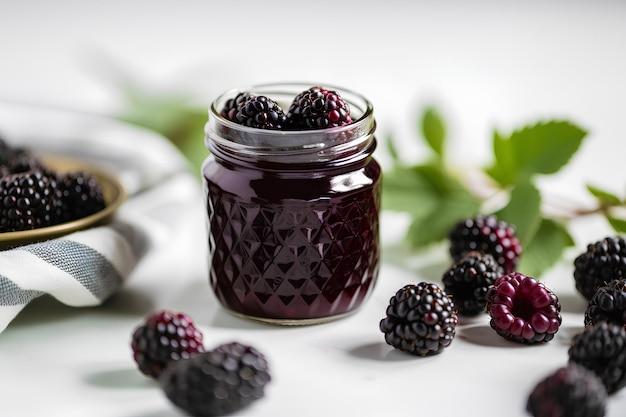 Zelfgemaakte bramenconserven of jam in een glazen pot omringd door verse bessen