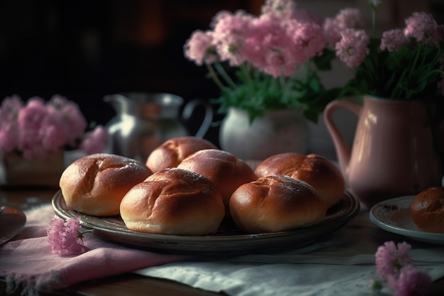Zelfgemaakte broodjes op een tafel met bloemen Generatieve AI