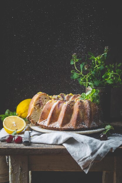 Zelfgemaakte citroen bundt cake met poedersuiker op een zwarte achtergrond