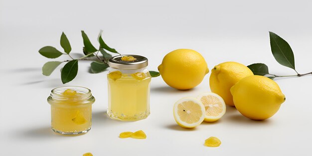 Zelfgemaakte citroenconserven of jam in een glazen pot omringd door verse citroenen
