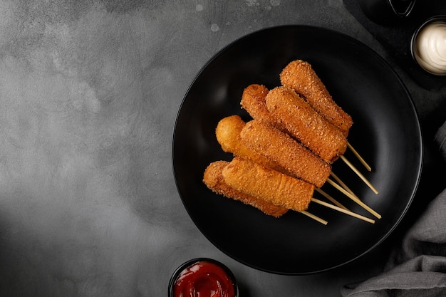 Zelfgemaakte corndogs Traditioneel Amerikaans straatvoedsel Gebakken worst op een stok corndog Bovenaanzicht