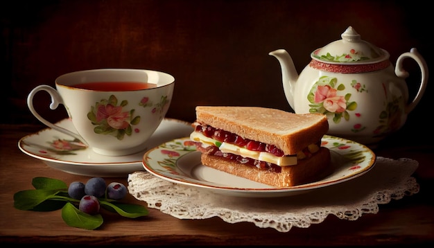 Zelfgemaakte desserts en hete thee op houten tafel gegenereerd door AI