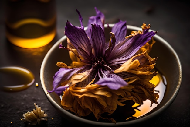 Zelfgemaakte en smakelijke gefrituurde lila bloem in zonnebloemoliefotografie