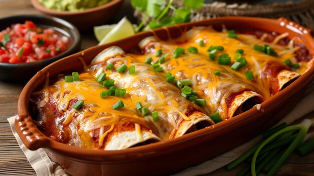 zelfgemaakte enchiladas geserveerd in een traditionele aardewerk schotel om warmte en authenticiteit op te roepen