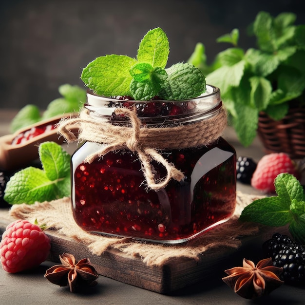 zelfgemaakte frambozenjam of marmelade in de glazen pot en rijpe frambozen op de houten tafel