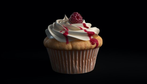 Zelfgemaakte gastronomische cupcake met chocoladeglazuur en frambozendecoratie gegenereerd door kunstmatige intelligentie