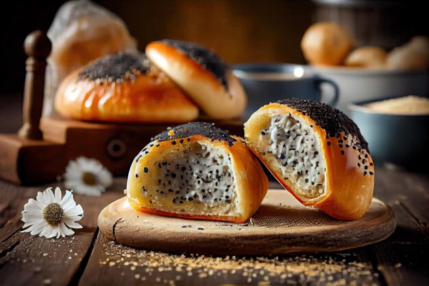 Zelfgemaakte gebakjes maanzaadbroodjes met glazuur op plak