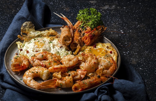 Zelfgemaakte gebakken eieren met garnalen, langoustines, garnalen, knoflook en specerijen op donkere achtergrond. zeevruchten concept