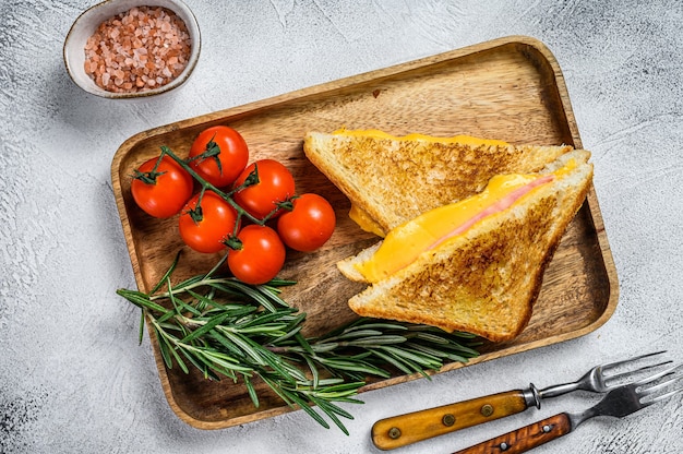 Zelfgemaakte gebakken ham en kaas sandwich op een snijplank