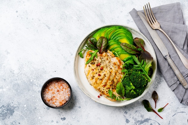 Zelfgemaakte gegrilde kalkoensteak met saus, broccoli, rucola en snijbiet in een keramische plaat op een lichte betonnen ondergrond. Bovenaanzicht.