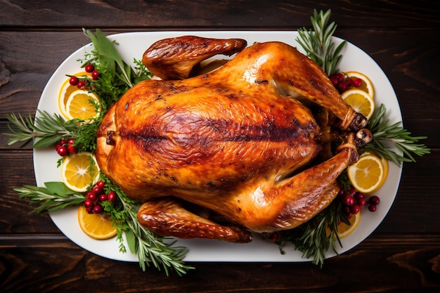 Zelfgemaakte geroosterde kalkoen op een bord voor Thanksgiving Day en Kerstmis