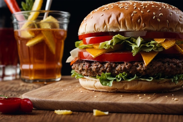 Zelfgemaakte hamburger met verse groenten en glas sap op houten tafel