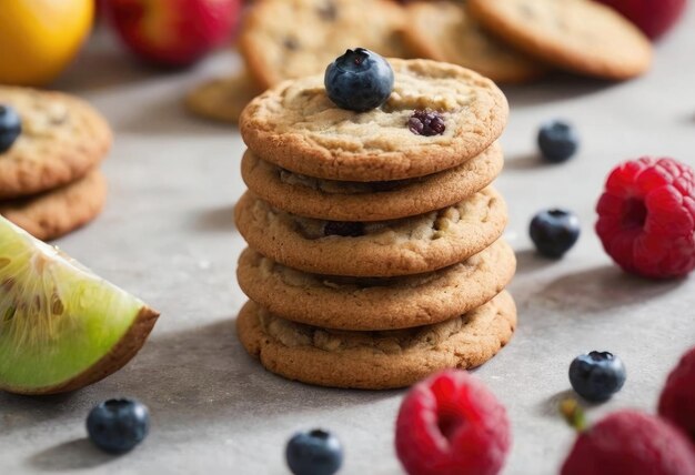 zelfgemaakte haverkoekjes chips en ingrediënten bananen walnoten amandelen rozijnen gedroogde abrikozen zachte focus close-up