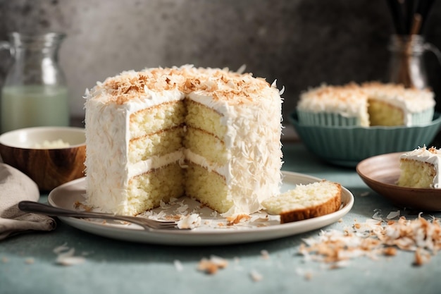 Zelfgemaakte heerlijke kokoscake met halve kokosnoot