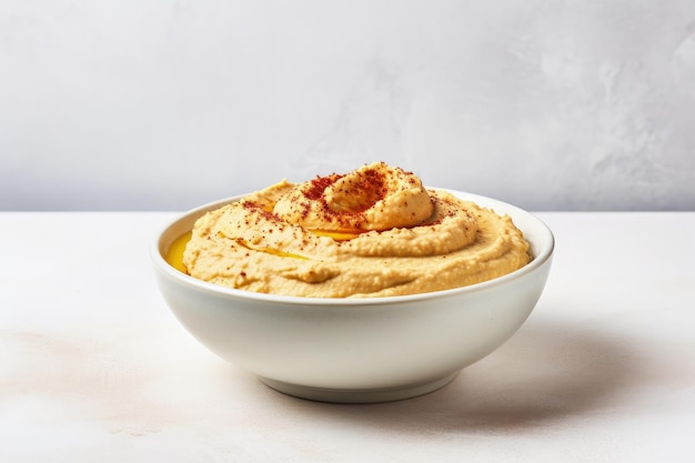 Zelfgemaakte hummus in een kom lichte achtergrond