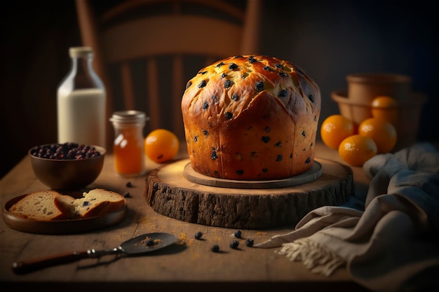 Zelfgemaakte Italiaanse panettone op rustieke houten tafel Traditionele kersttaart met gekonfijte vruchten AI gegenereerd