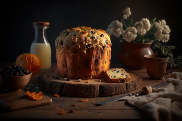 Zelfgemaakte Italiaanse panettone op rustieke houten tafel Traditionele kersttaart met gekonfijte vruchten AI gegenereerd