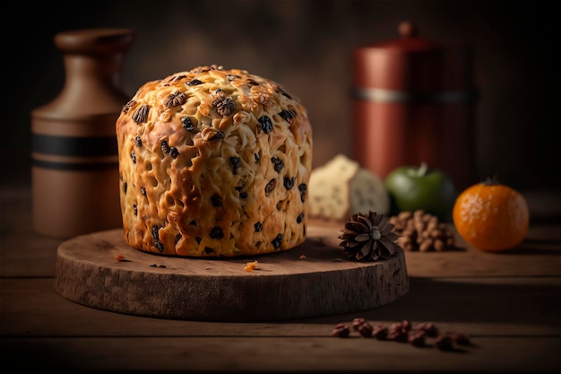 Zelfgemaakte italiaanse panettone op rustieke houten tafel traditionele kersttaart met gekonfijte vruchten ai gegenereerd