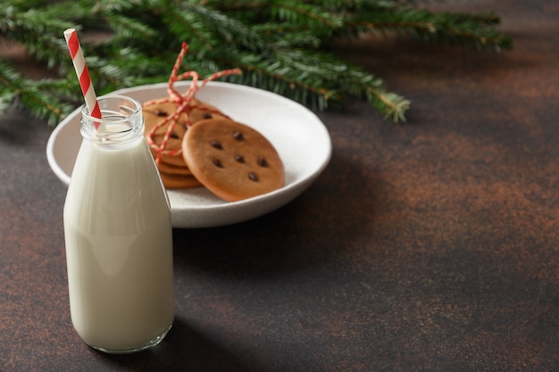 Zelfgemaakte kerstkoekjes voor Santa en melk op bruine tafel