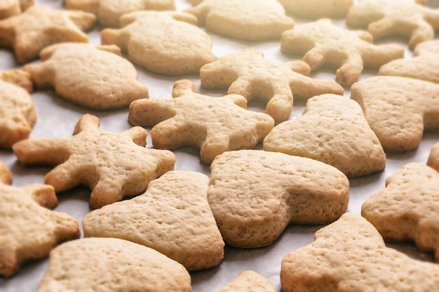 Foto zelfgemaakte koekjes in de vorm van dieren van verschillende vormen op perkamentpapier, kerst- of nieuwjaarstraktaties, close-up