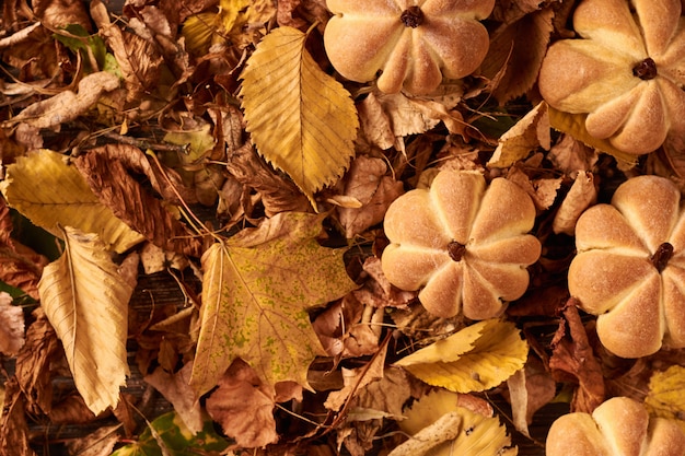 Zelfgemaakte koekjes in de vorm van pompoen in de herfstbladeren