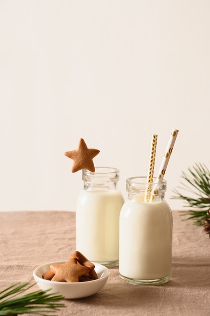 Zelfgemaakte koekjes in de vorm van ster en melk voor de kerstman.