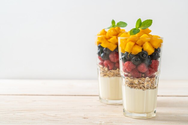 zelfgemaakte mango, framboos en bosbes met yoghurt en granola - healthy food style