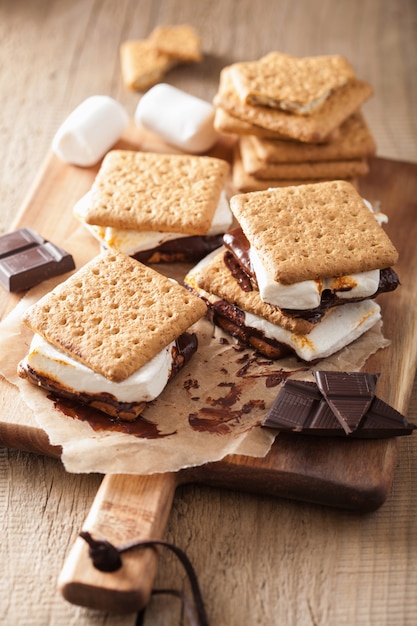 Zelfgemaakte marshmallow s'mores met chocolade op crackers