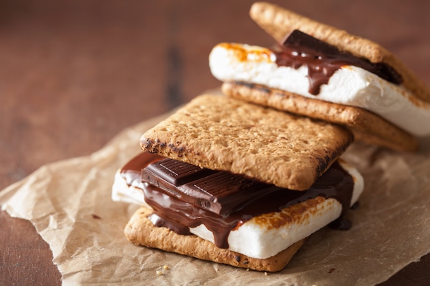 Zelfgemaakte marshmallow s'mores met chocolade op crackers