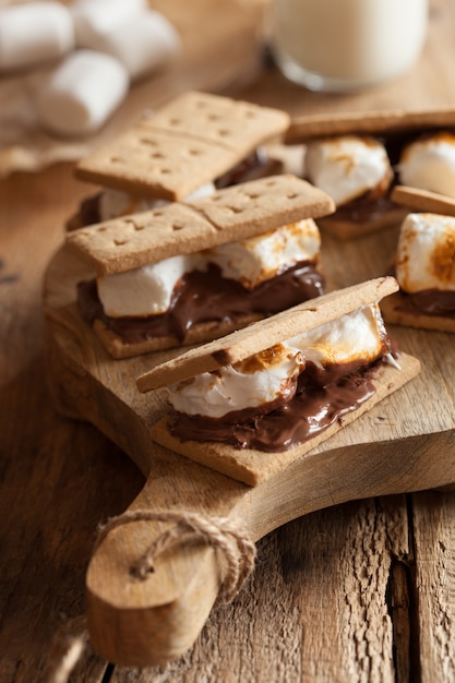 Foto zelfgemaakte marshmallow s'mores met chocolade op crackers