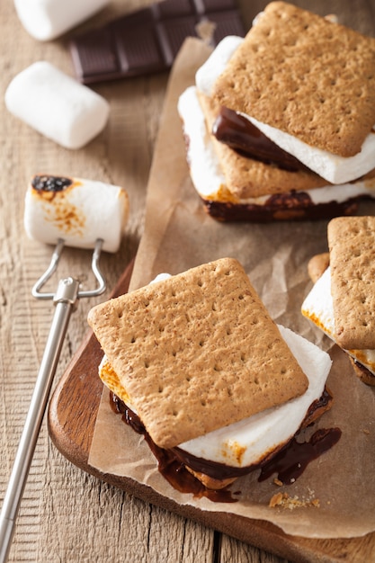 Zelfgemaakte marshmallow s'mores met chocolade op crackers