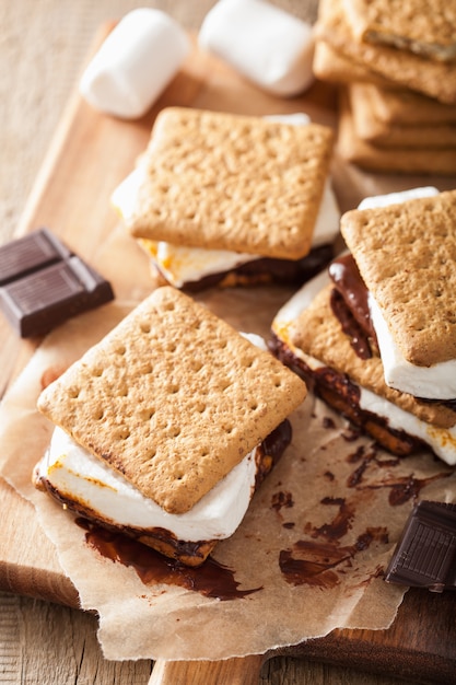 Zelfgemaakte marshmallow s'mores met chocolade op crackers